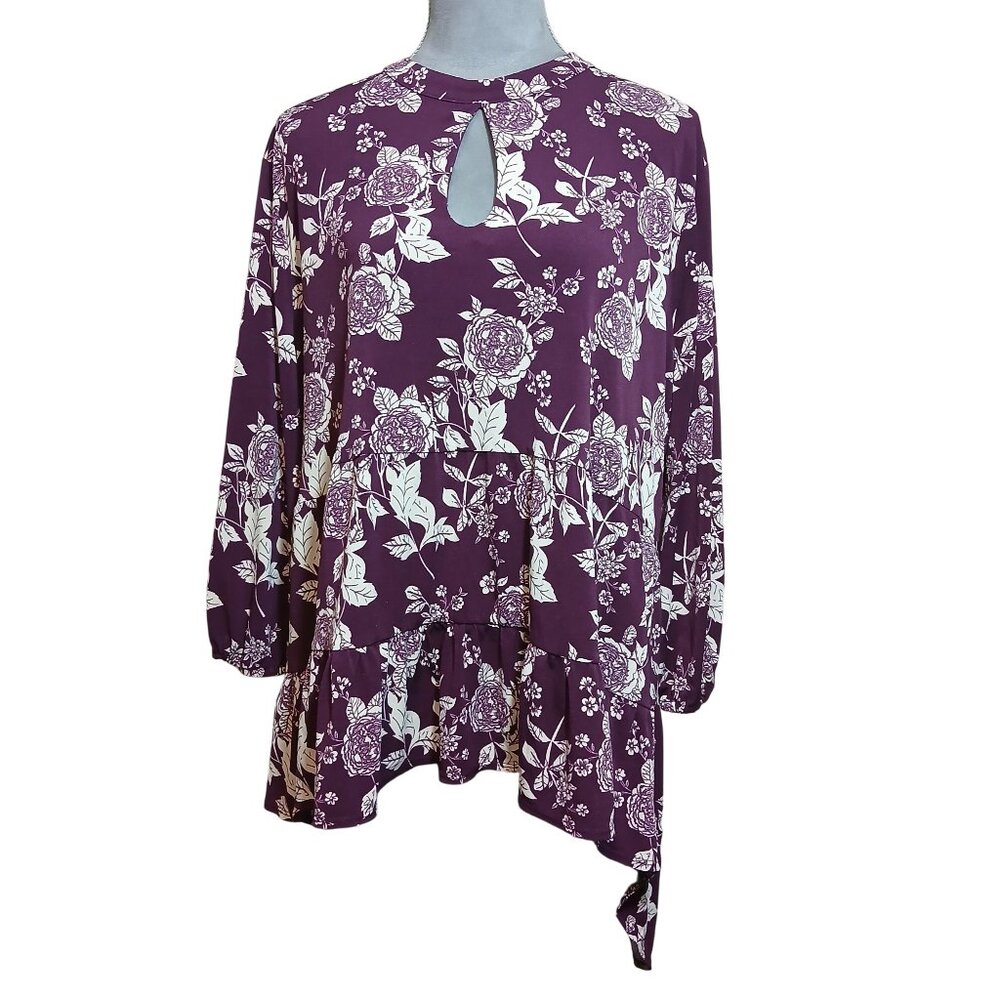 Cato Womens XL Floral Print Tunic Hi-Low Ruffle Hem Stretch Boho Cut-Out Blouse